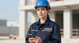 Bauleiterin mit blauem Schutzhelm und dunkelblauer Arbeitsjacke mit GEWERKTON-Schriftzug hält auf der Baustelle ein Smartphone in den Händen